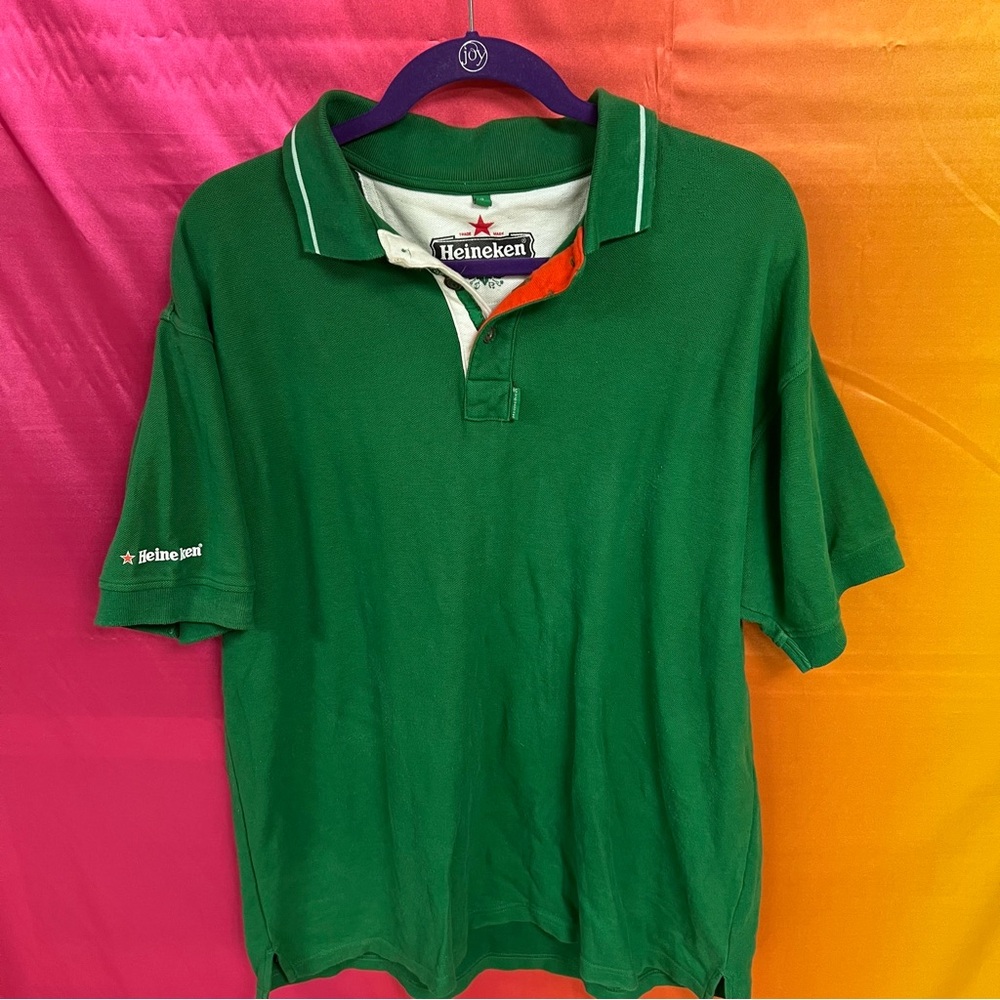 Heineken men’s “cheers to beers” bright green trademark polo